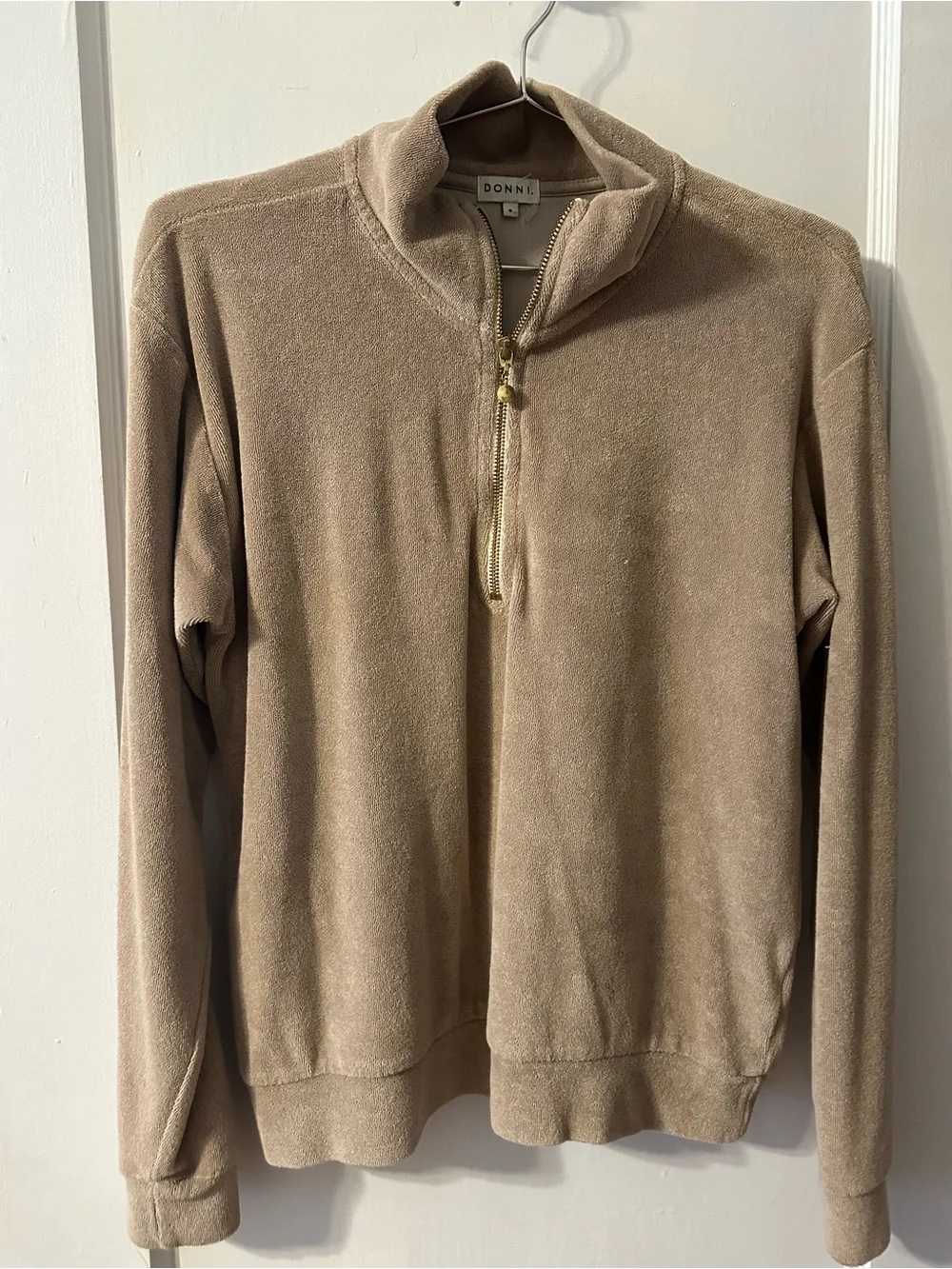 DONNI. Taupe Half-Zip Terry Sweater, size Small